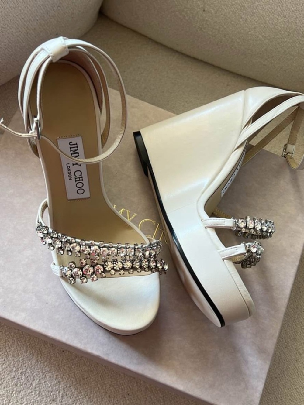 Jimmy Choo Ivory Crystal-Strap Wedge Sandals with Ankle Tie - Picture 3 of 4